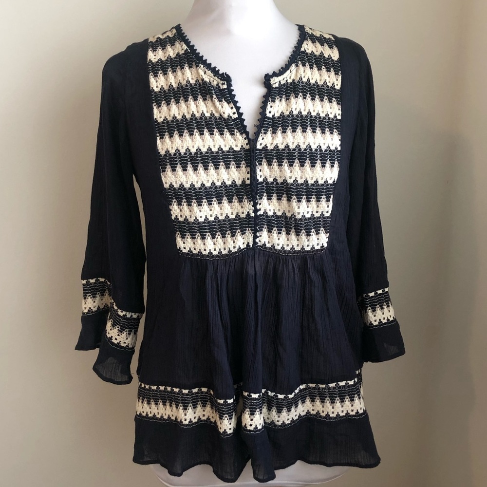 Calypso St Barth Navy /Ivory Tunic Top beach cover-up crochet lace neckline XS